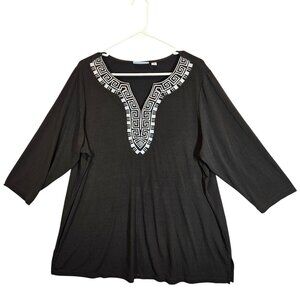 JM collections Black Embroidered V-Neck Top 3/4 Sleeve stretch business casual